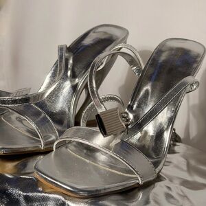 Fashion Nova Silver Strappy Padlock Heels